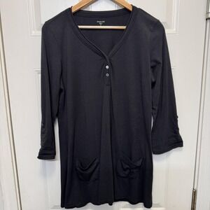 Garnet Hill Women's Tunic Top M Black Henley Roll Tab Sleeve Pockets Lagenlook